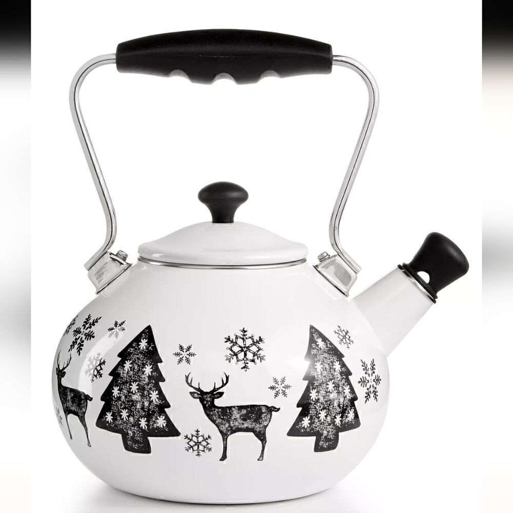 MARTHA STEWART HOLIDAY TEAKETTLE, WHITE WITH BLACK REINDEER, TREES, SNOWFLAKES